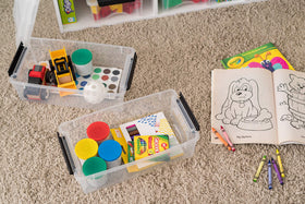 IRIS USA stackable storage bin with lid saves space in home.