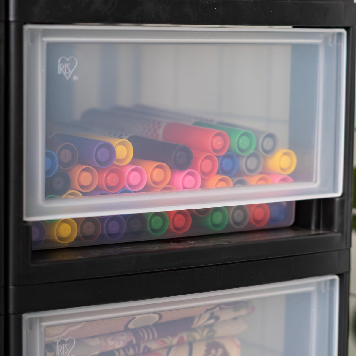 IRIS USA transparent drawer view emphasizes easy visibility for quick item checks.