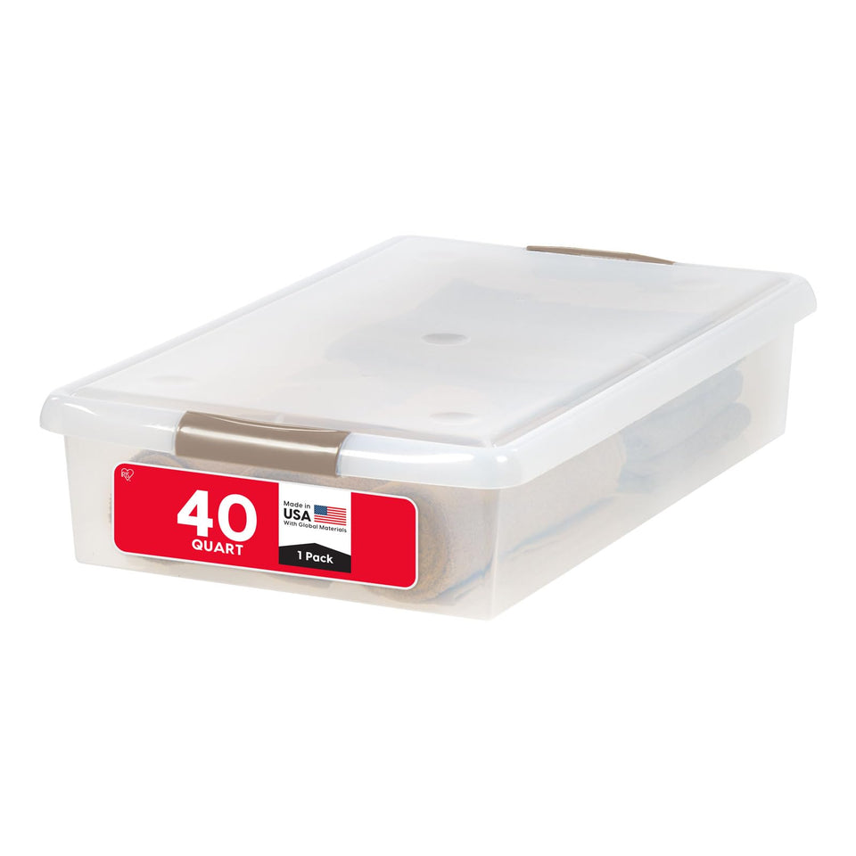 Iris USA 40 Qt under-bed storage bin with secure lid and buckles protects contents.