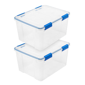 IRIS USA WeatherPro 44 Qt bin with lid shows secure two-pack storage solution.