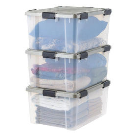 IRIS WEATHERPRO 60 Qt bin with gasket seal lid protecting contents from moisture