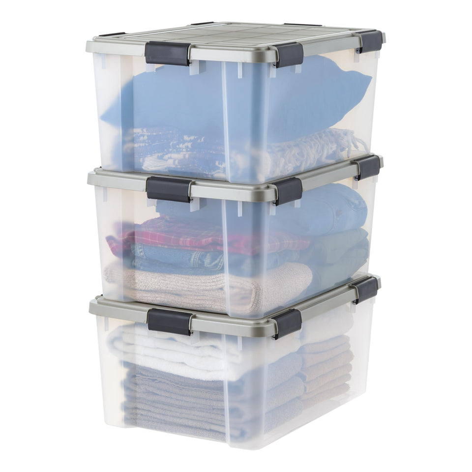 IRIS WEATHERPRO 60 Qt bin with gasket seal lid protecting contents from moisture