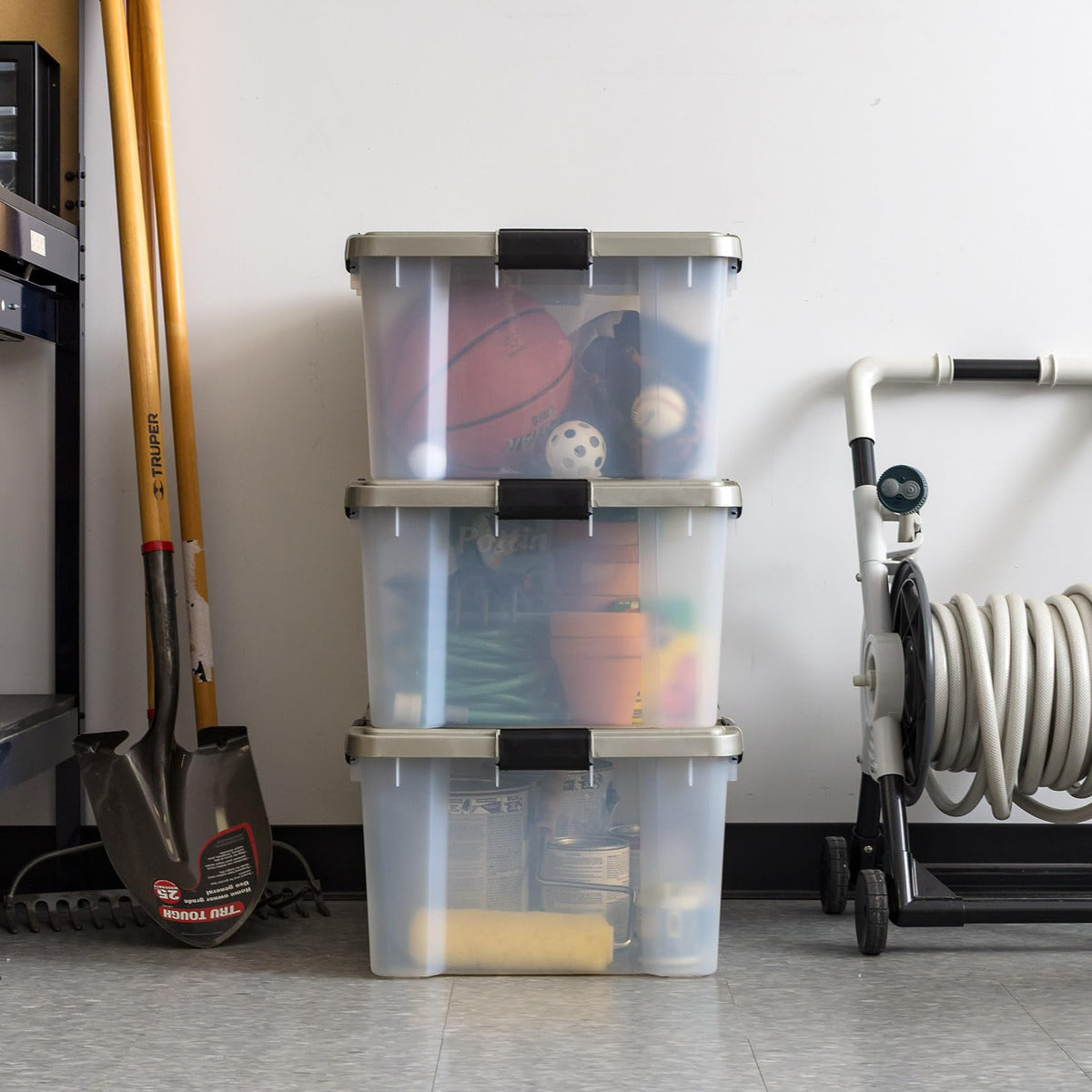 IRIS WEATHERPRO 60 Qt bin features grooved components for stable stacking