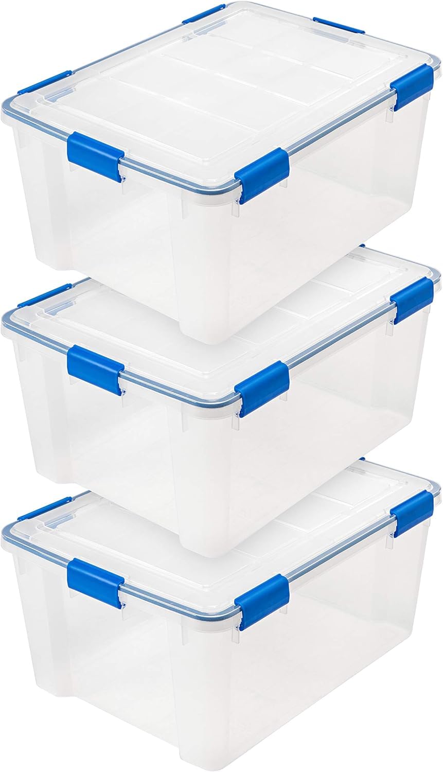 IRIS USA WeatherPro 60 Qt bin with lid for organized home storage.