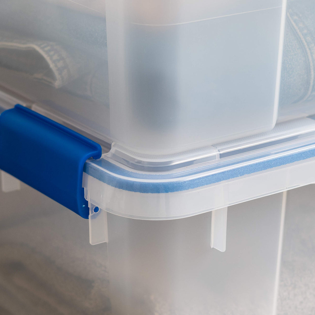 Clear blue WeatherPro bin provides quick visibility of contents.