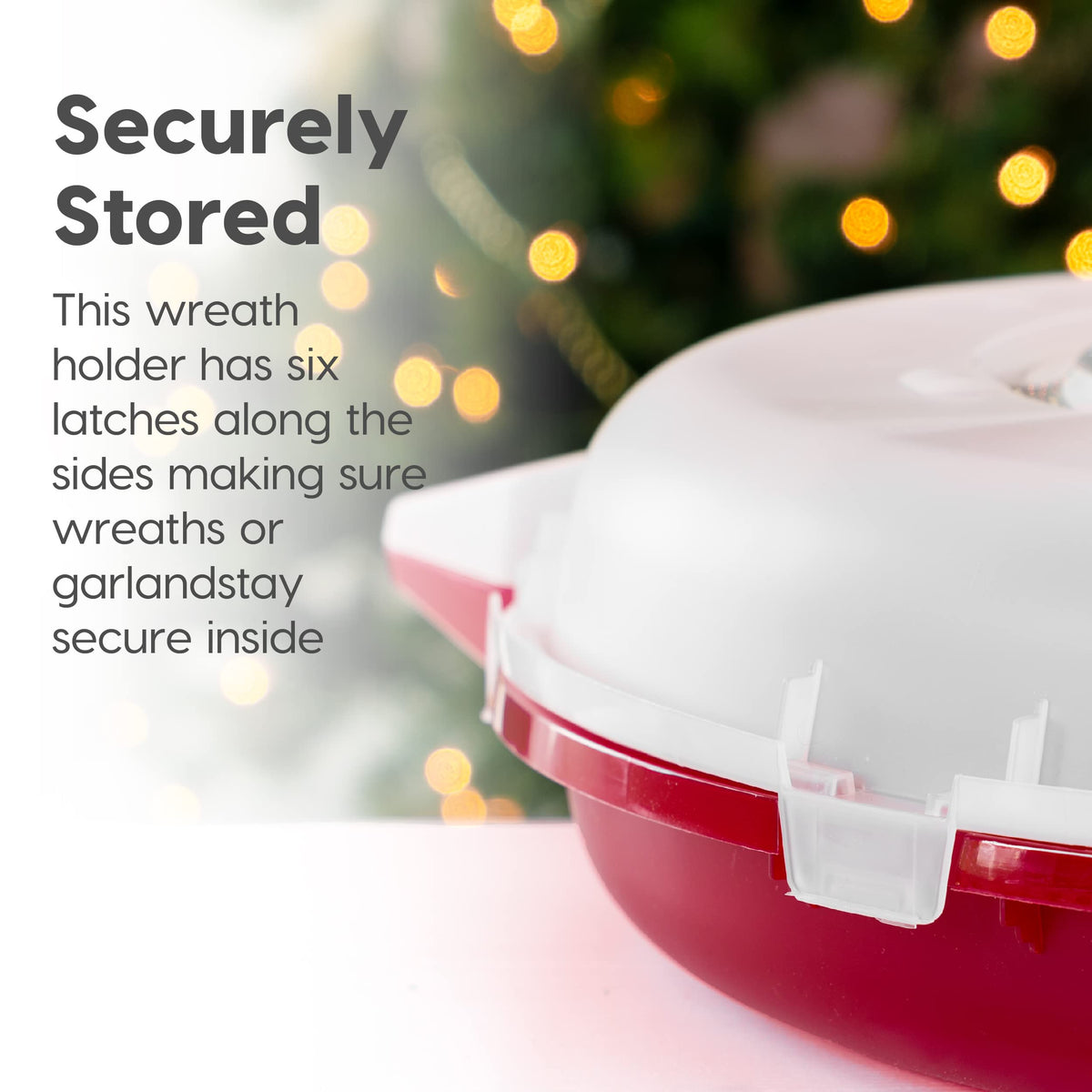 IRIS USA storage box handle facilitates easy transport of wreaths.