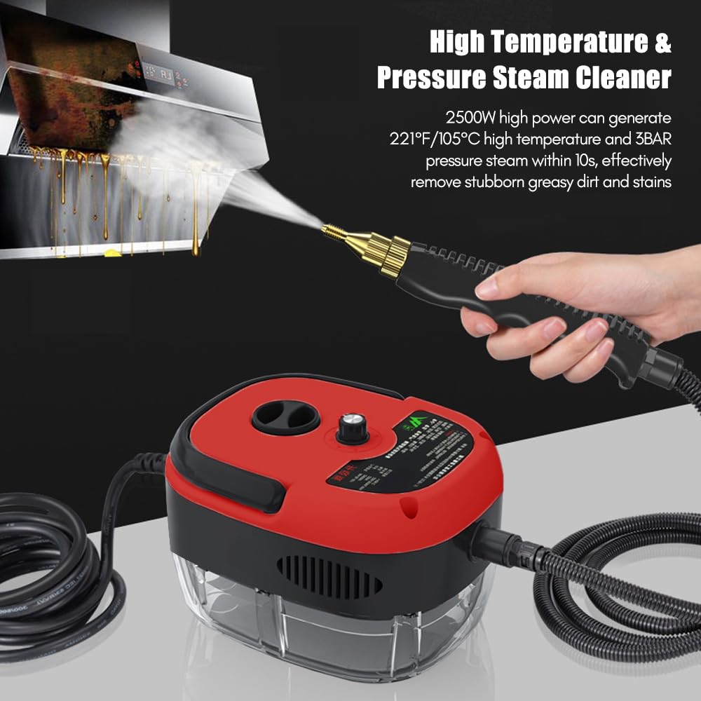 Irishom steam cleaner red spray nozzle delivering high-pressure steam