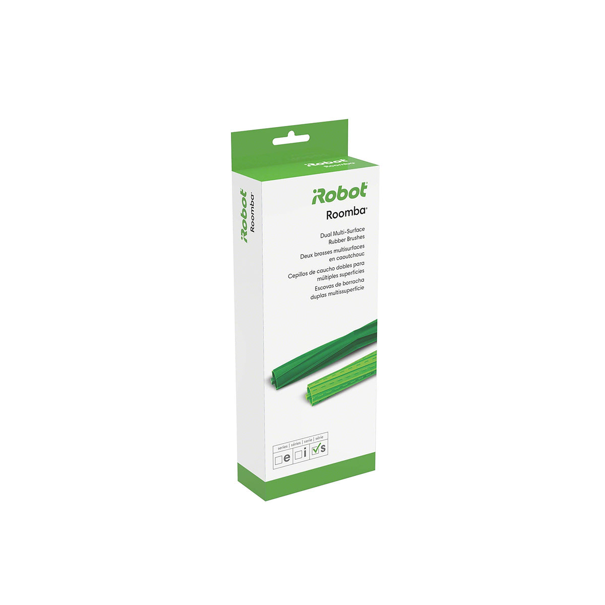 iRobot Roomba s Series dual multi-surface rubber brushes in green, designed for efficient large-area cleaning.