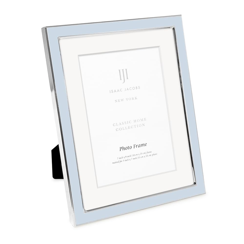 Isaac Jacobs light blue enamel frame with silver edge, ideal for tabletop display of cherished photos.