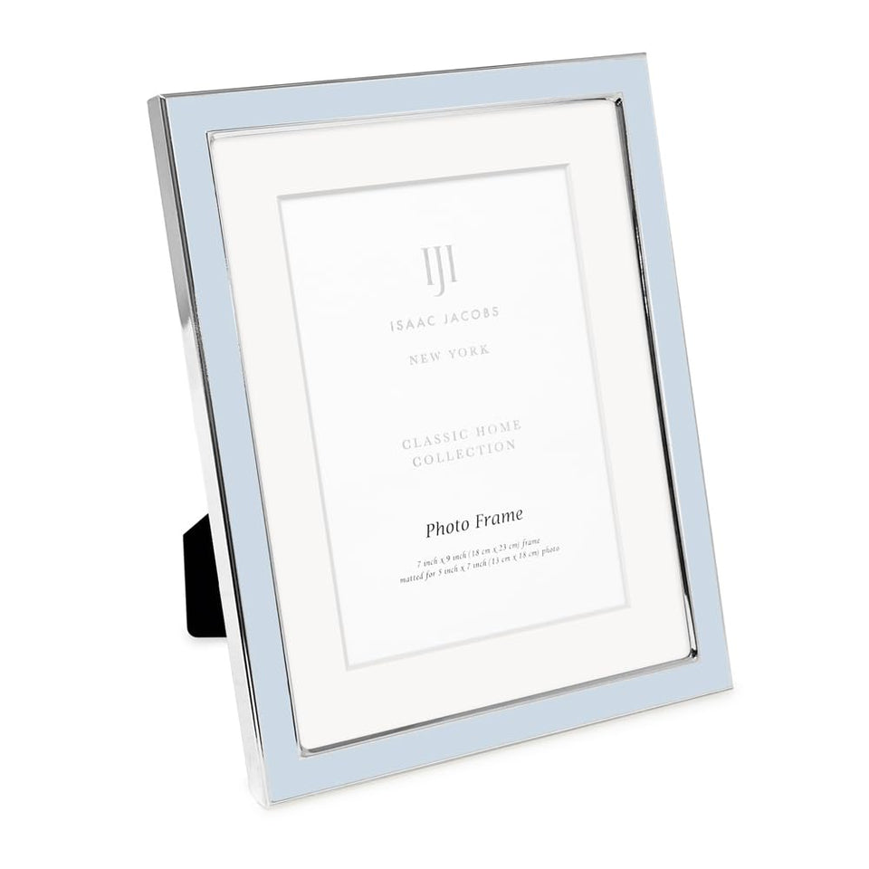 Isaac Jacobs light blue enamel frame with silver edge, ideal for tabletop display of cherished photos.