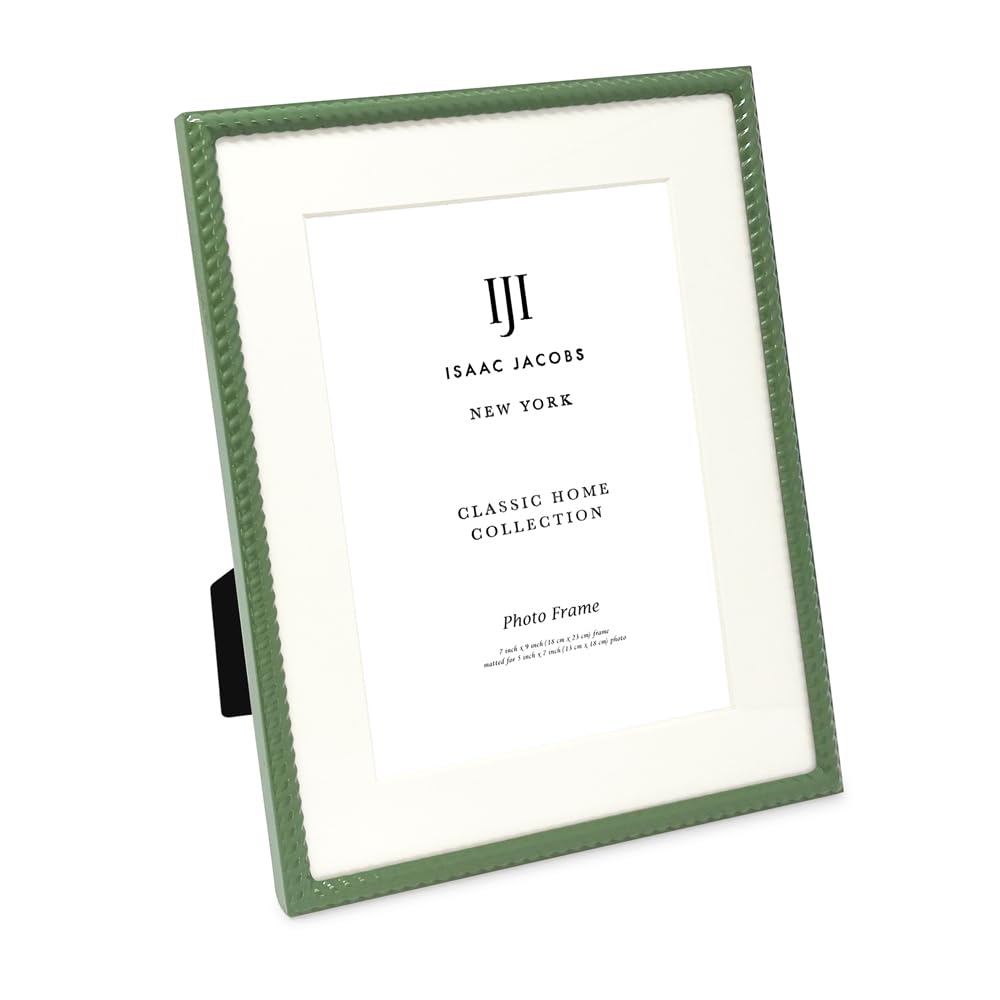 Isaac Jacobs green rope-border frame holds a cherished photo on a desk.