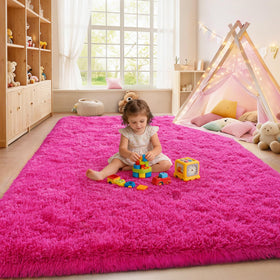 Isdook rug anti-slip bottom on pink surface prevents sliding.