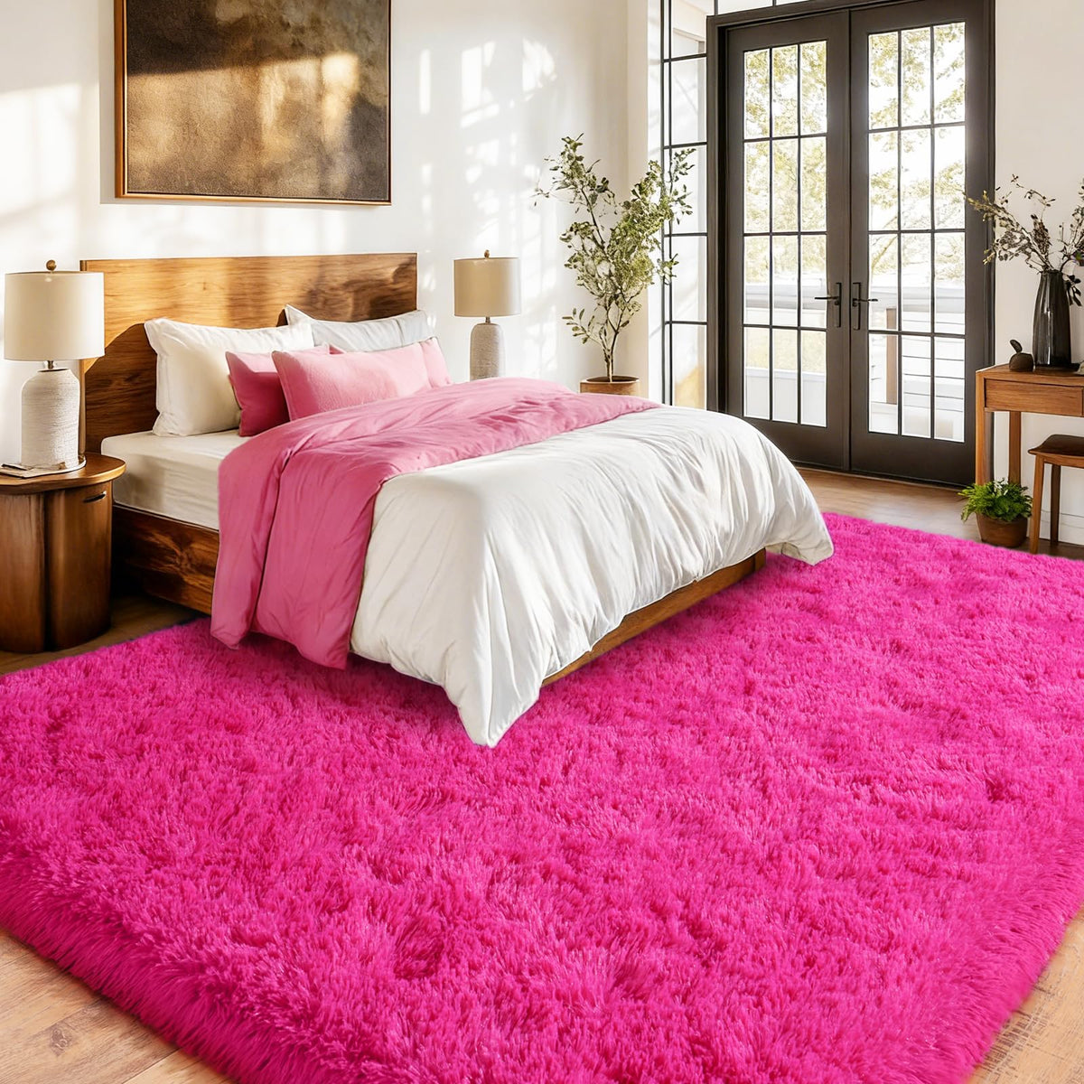Isdook pink fuzzy rug in living room setup showcases bold color.