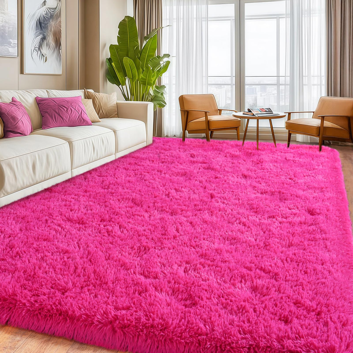 Isdook plush pink bedroom rug adds warmth and comfort underfoot in a kid’s space.