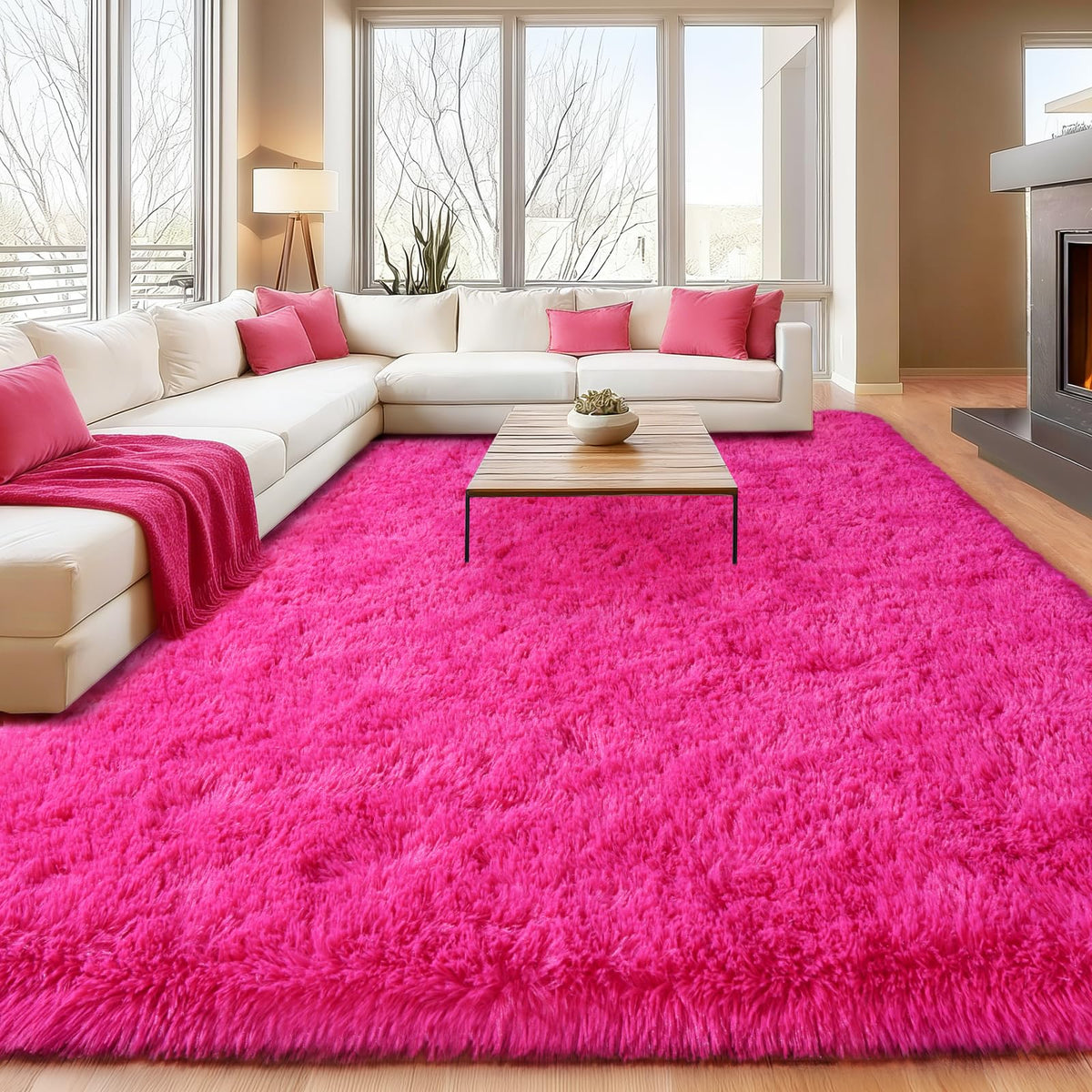 Isdook soft shaggy pink rug 4x6 in a cozy bedroom setting, inviting relaxation and play.