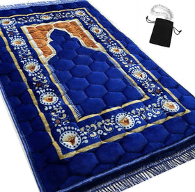 Islamika royal blue prayer rug folded for compact storage and travel readiness