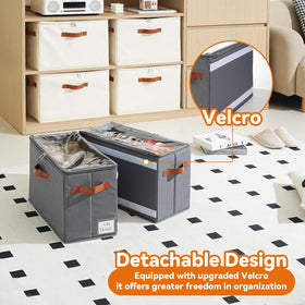 ISusaid shoe storage with adjustable dividers adapts to footwear sizes.