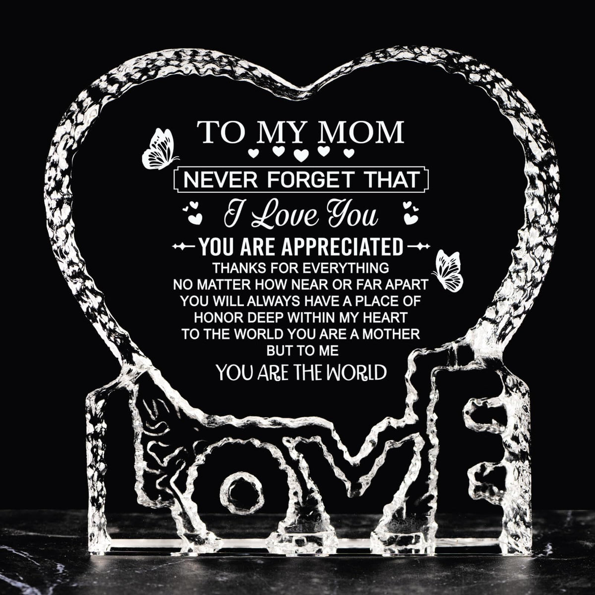 Ithmahco Mothers Day crystal heart engraving for mom, a heartfelt keepsake.
