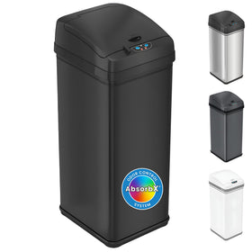 iTouchless 13-gallon lid-action showing hands-free operation for mess-free kitchen prep