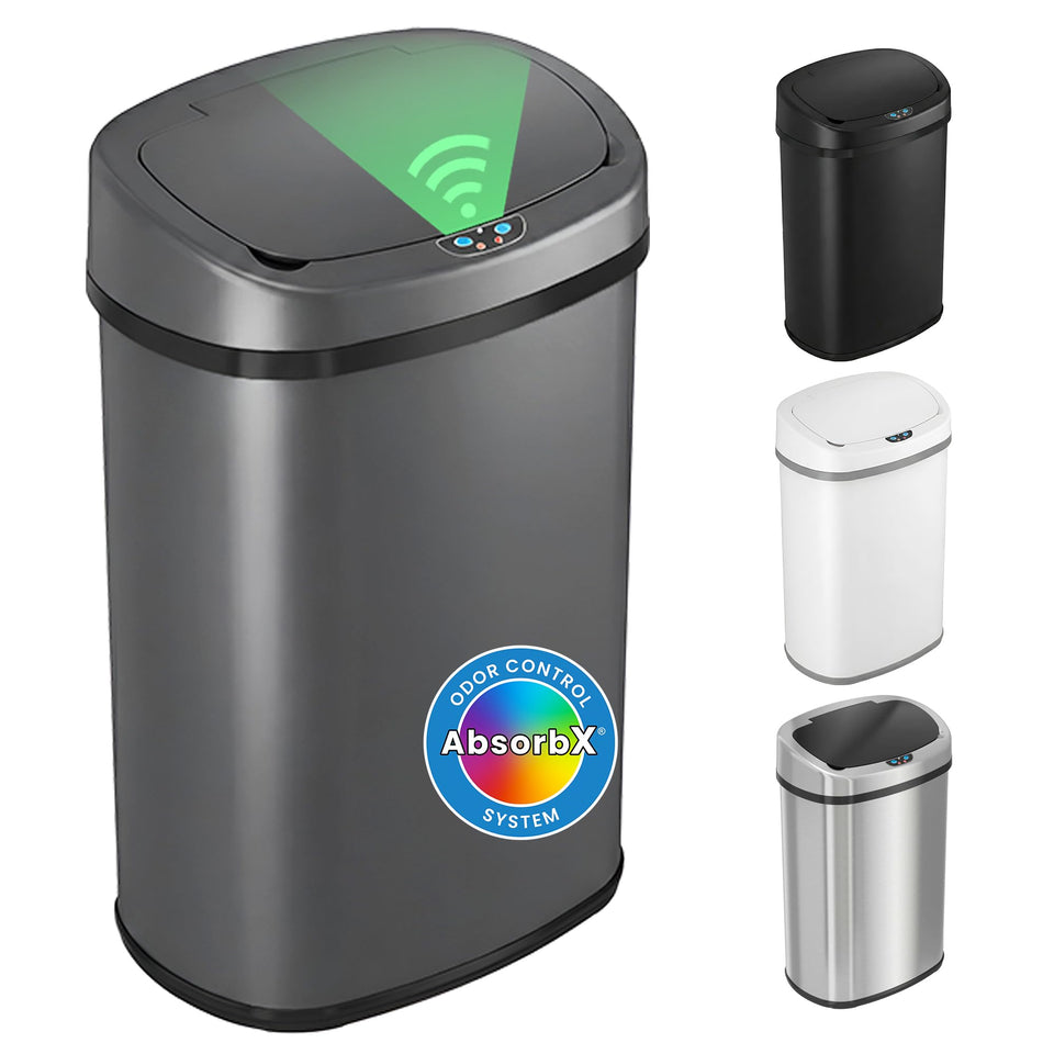 iTouchless 13-gallon oval bin front view highlighting touchless operation