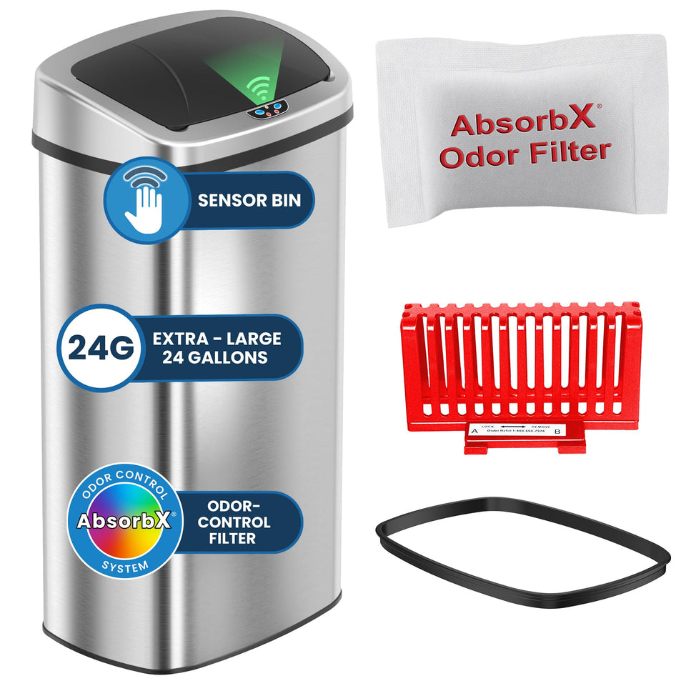 iTouchless 24-gallon oval trash can lid open, enabling hands-free operation in busy kitchens