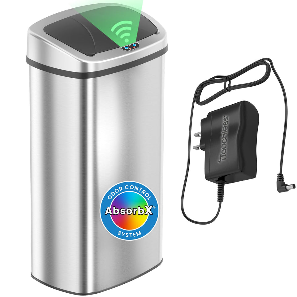 iTouchless 24-gallon sensor lid in action offers hands-free waste disposal and quick lid opening.