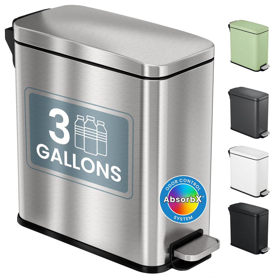 iTouchless 3 gallon wastebasket with lid and odor-control filter for compact bathrooms.