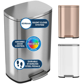 iTouchless 50L step trash can with lid and fingerprint-proof stainless finish