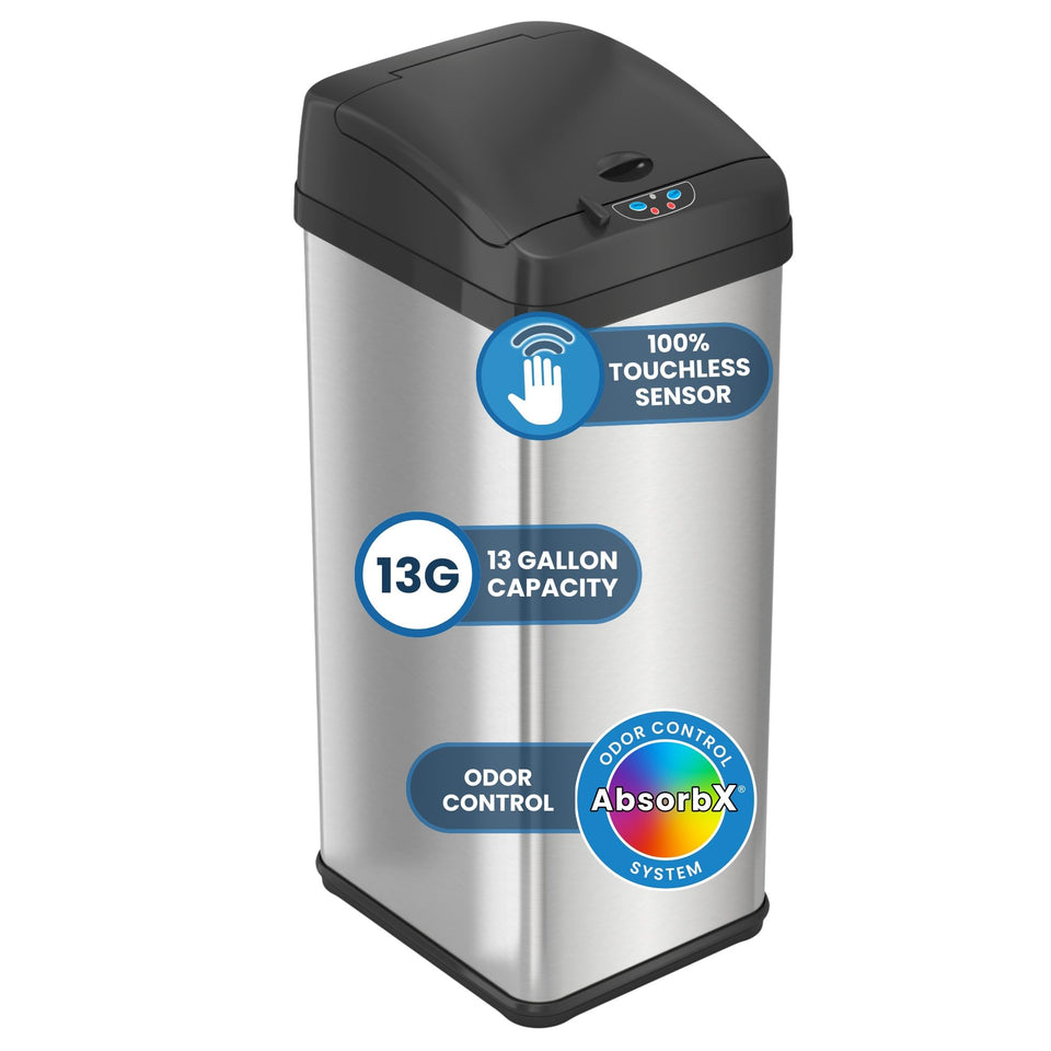 iTouchless 50L trash can with locking lid showing pet-proof security.