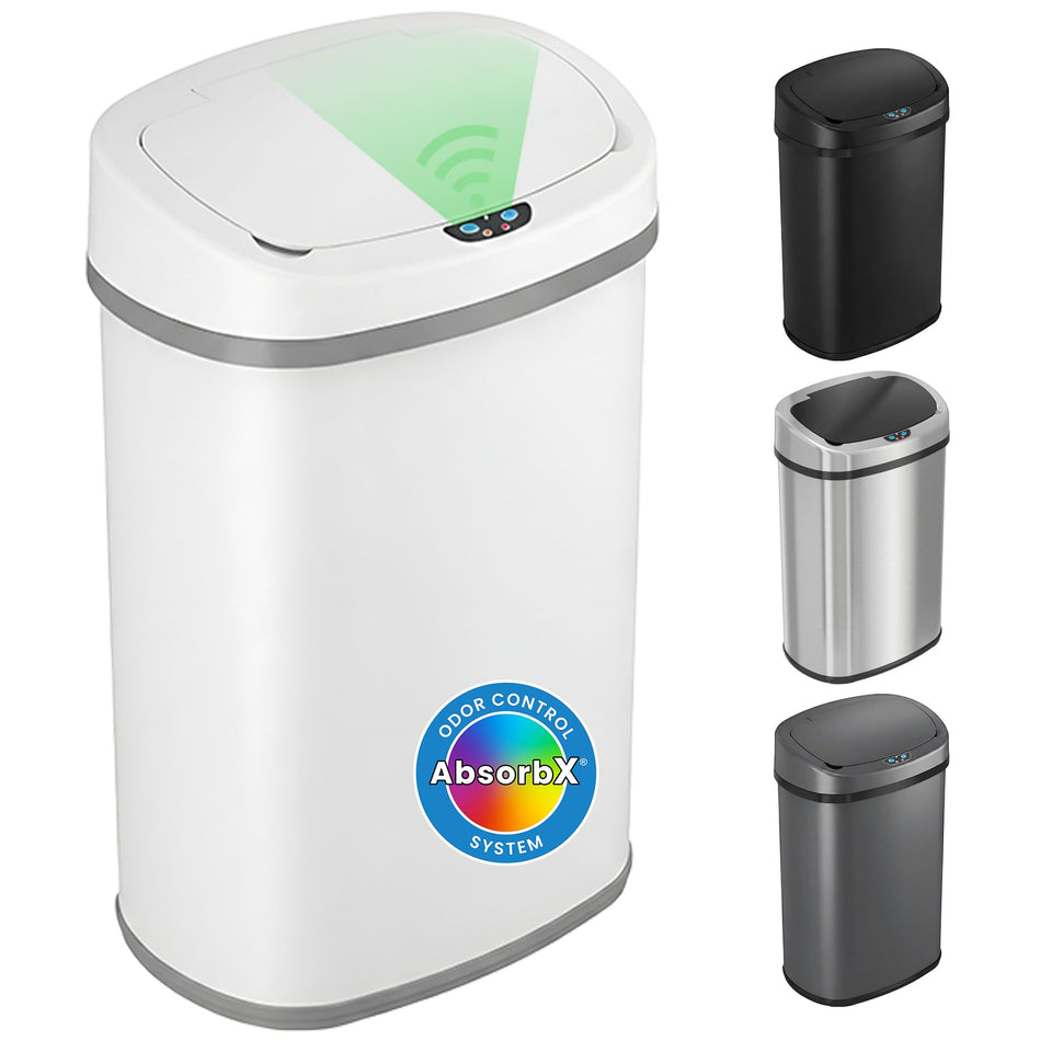 iTouchless 50L oval bin lid open shows hands-free operation for easy cleanup