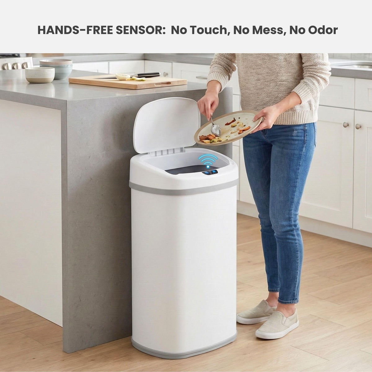 iTouchless 50L oval bin with odor filter demonstrates odor control at the source