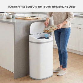 iTouchless 50L oval bin with odor filter demonstrates odor control at the source