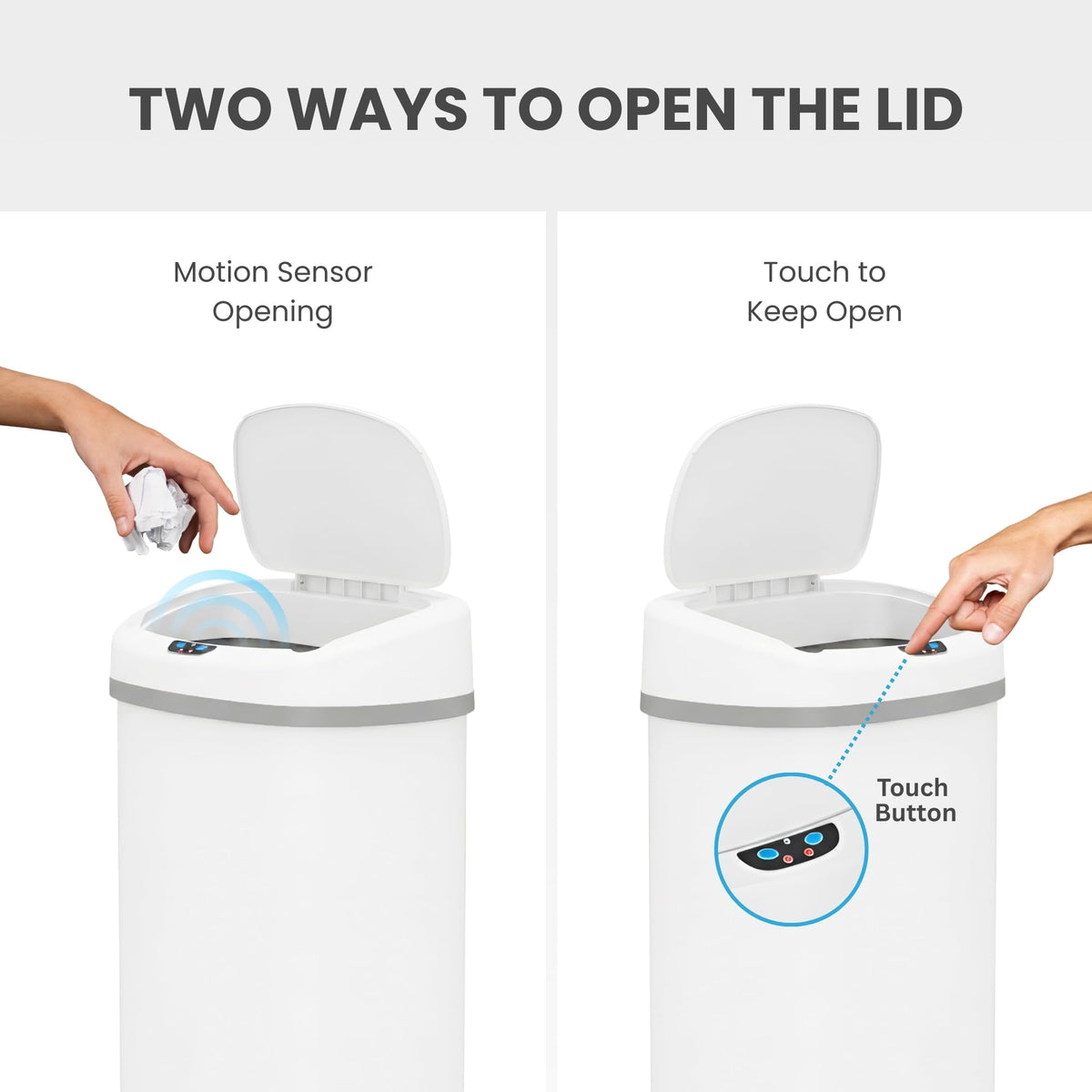 iTouchless 50L oval bin soft close lid reduces noise during disposal