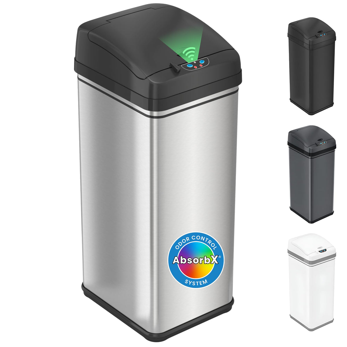 iTouchless 50L sensor trash can lid opens hands-free for a hygienic kitchen.