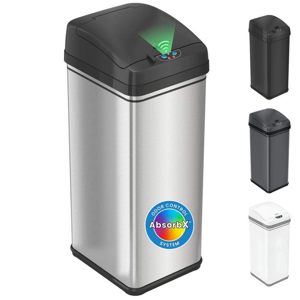 iTouchless 50L sensor trash can lid opens hands-free for a hygienic kitchen.