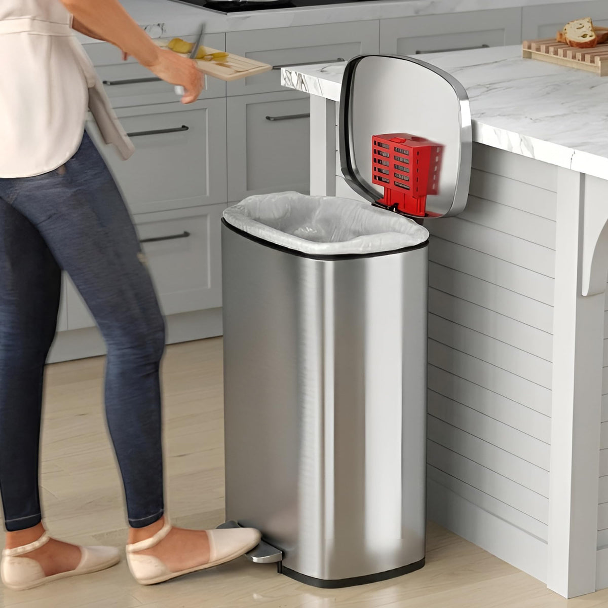 iTouchless odor-control filter compartment shown for odor reduction