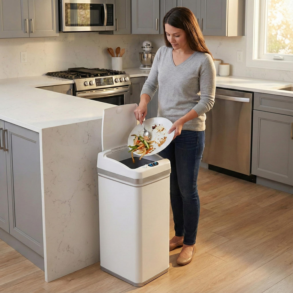 iTouchless motion sensor lid in action for hands-free waste disposal