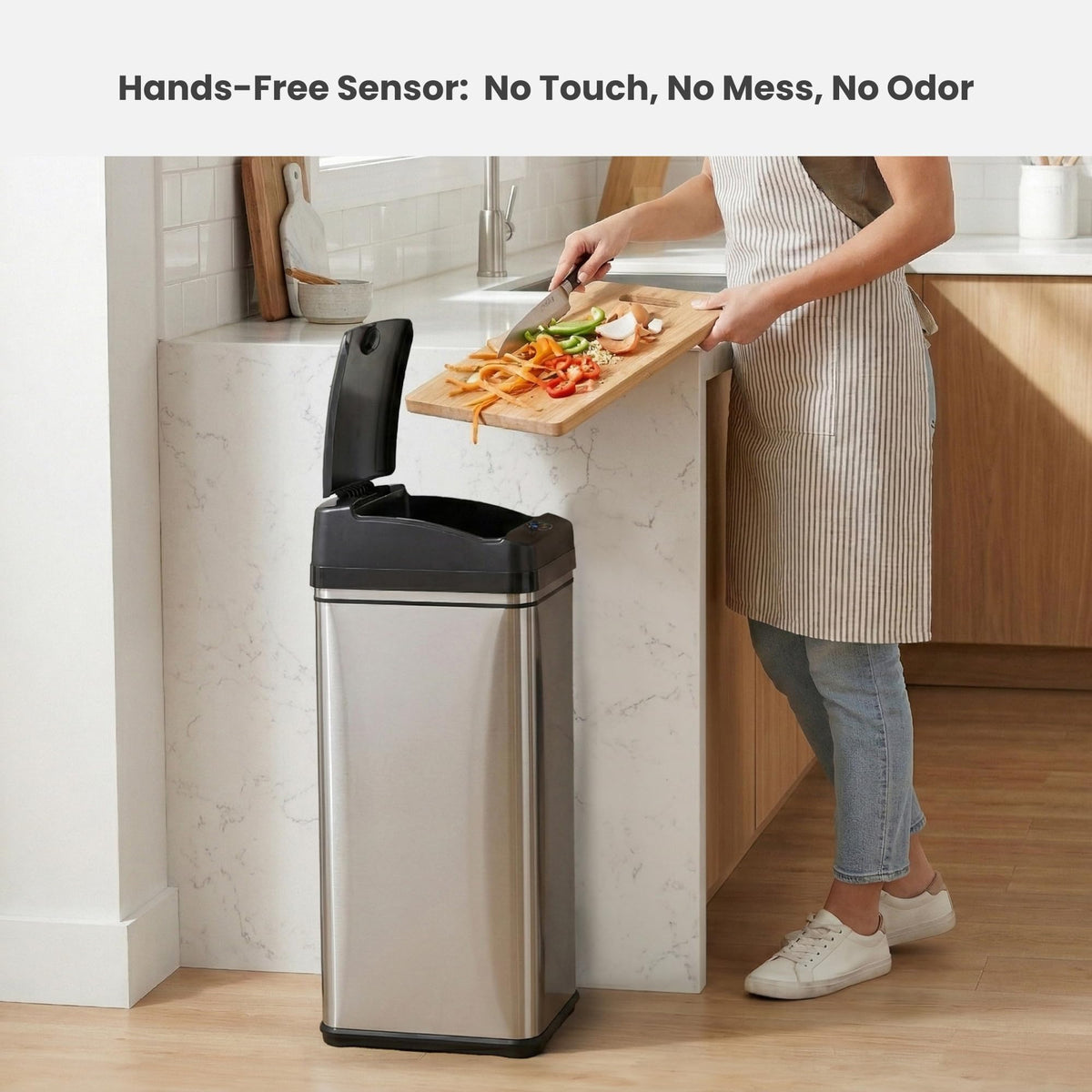 iTouchless no-inner-bucket design maximizes 50L capacity.