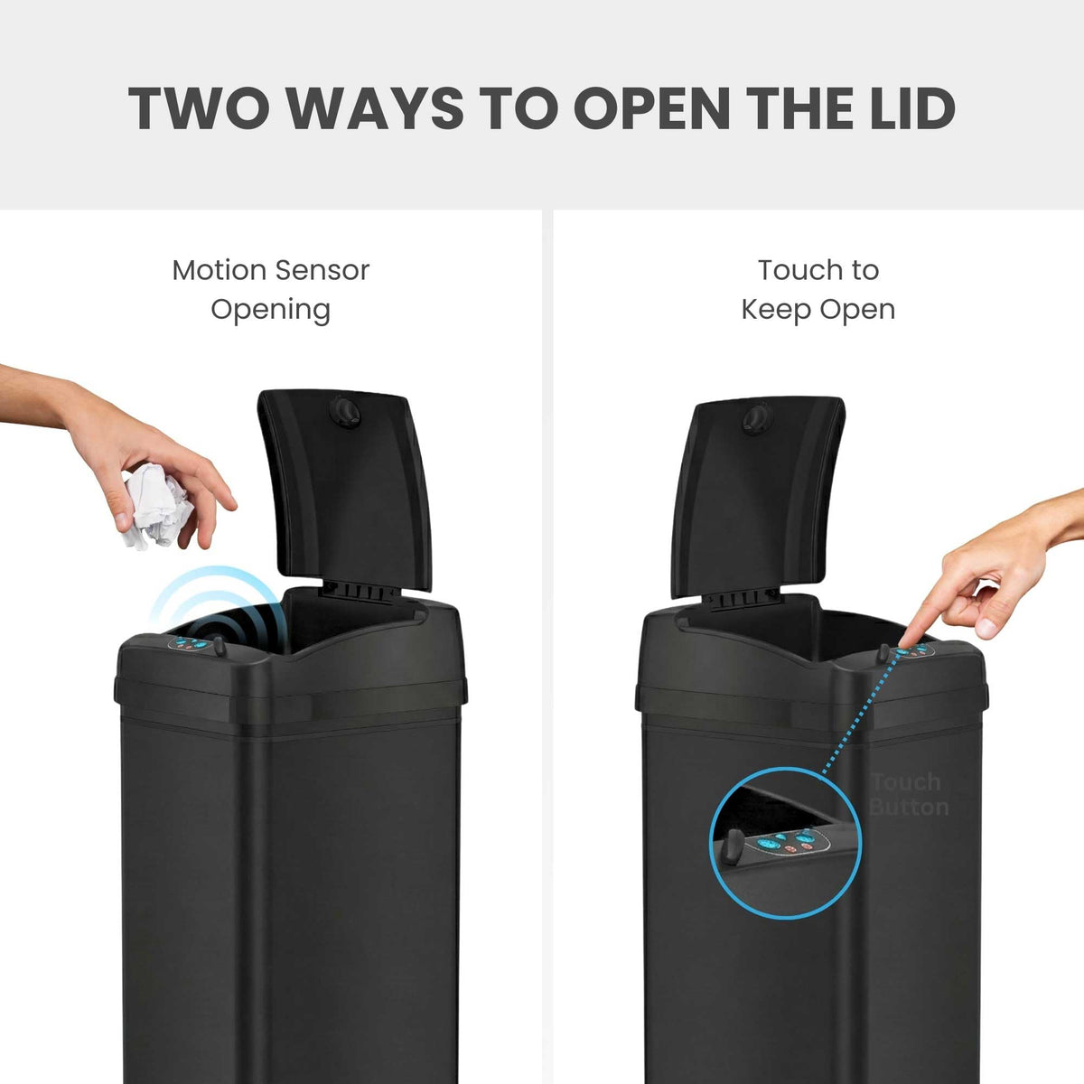 iTouchless No-inner-bucket design maximizes space for bulky items in a 50L can