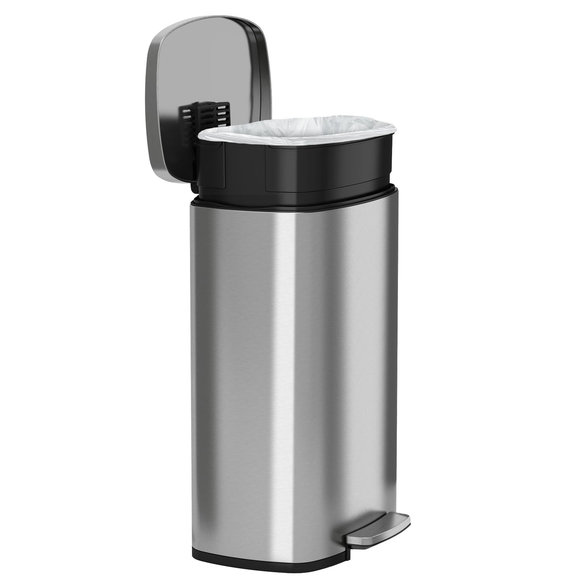 iTouchless non-skid base stabilizes the bin