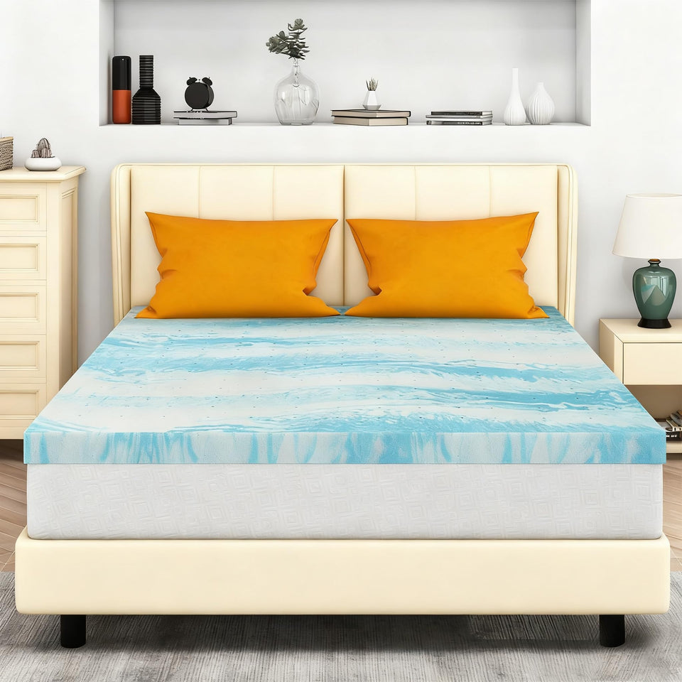 IULULU full-size topper on bed adds subtle cushioning for a softer sleep surface