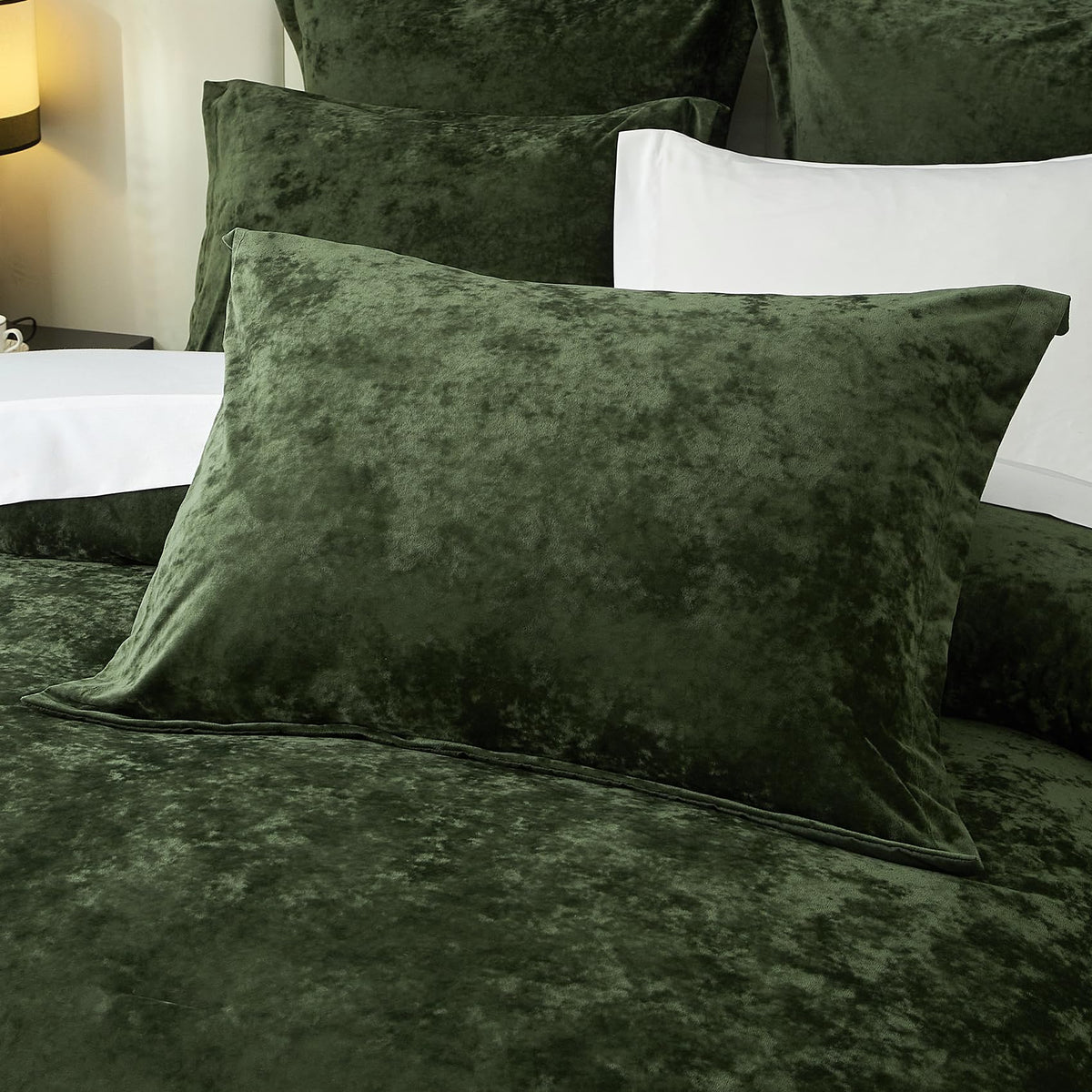Ivellow bedroom velvet bedding decor under night lights for sophisticated style.