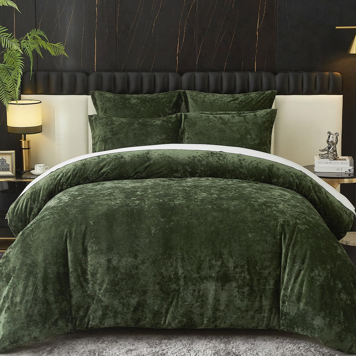 Ivellow crushed velvet comforter king green front view showing premium texture and warmth.