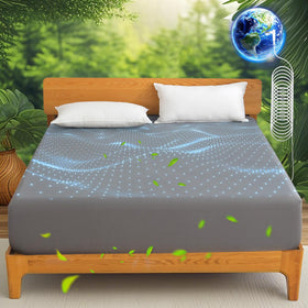 Ivellow grounding sheets on a bed showing the 16-inch deep pocket for a secure fit.