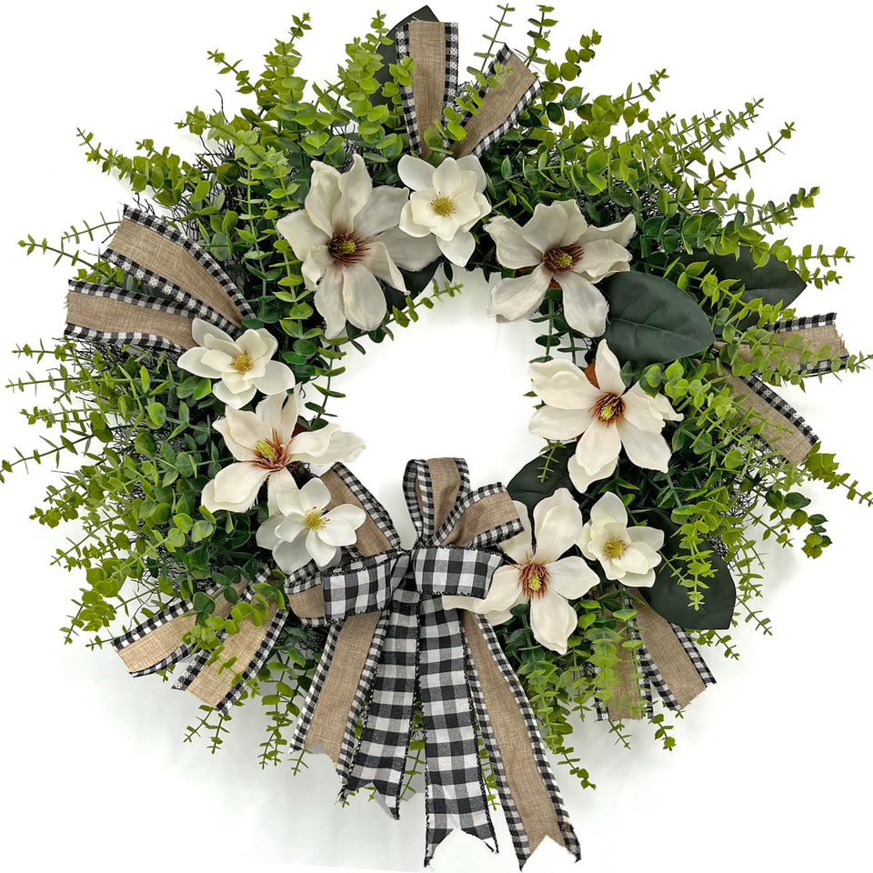 IVKHE 24-Inch Magnolia Wreath on front door enhances curb appeal year-round