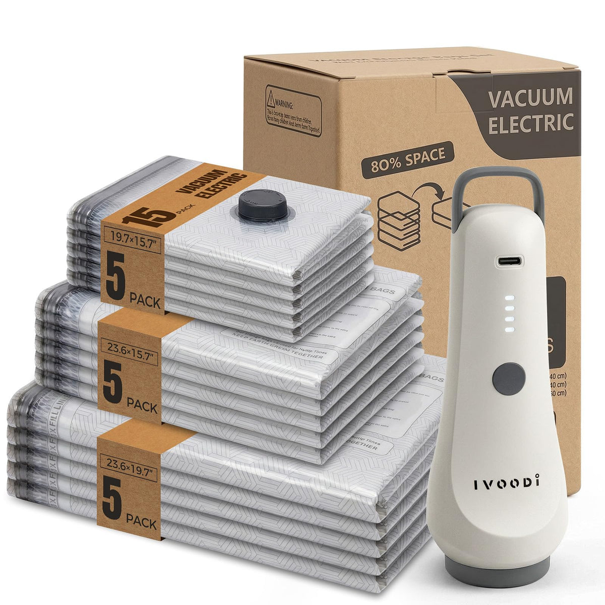 IVOODi travel vacuum bags and pump in front view for efficient carry-on packing