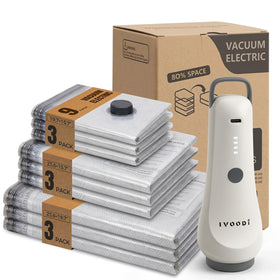 IVOODi travel vacuum bags with pump shown for compact carry-on packing and space saving.