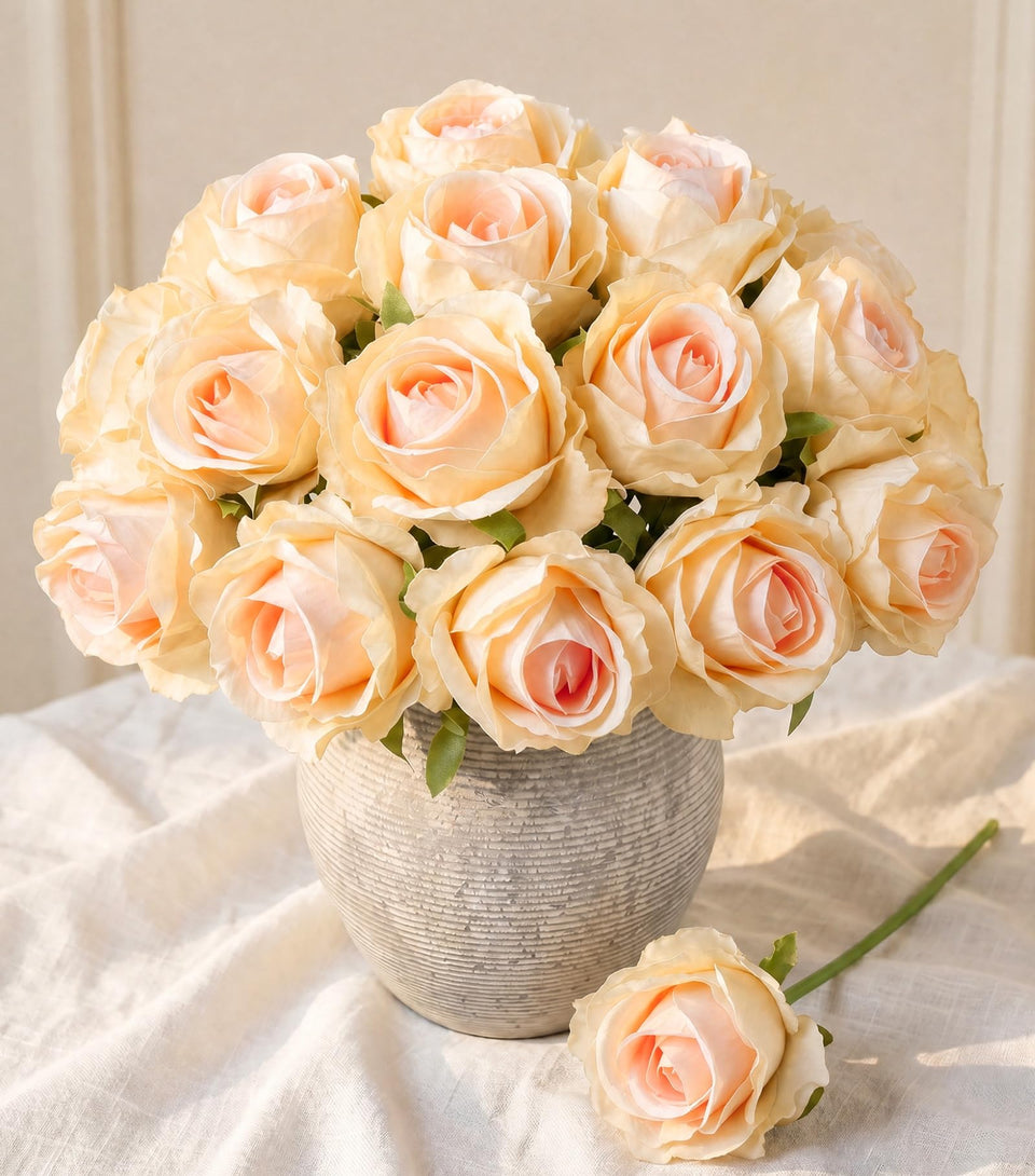 Ivydale 18pcs Champagne Roses bouquet showcases lifelike blooms for elegant wedding décor.