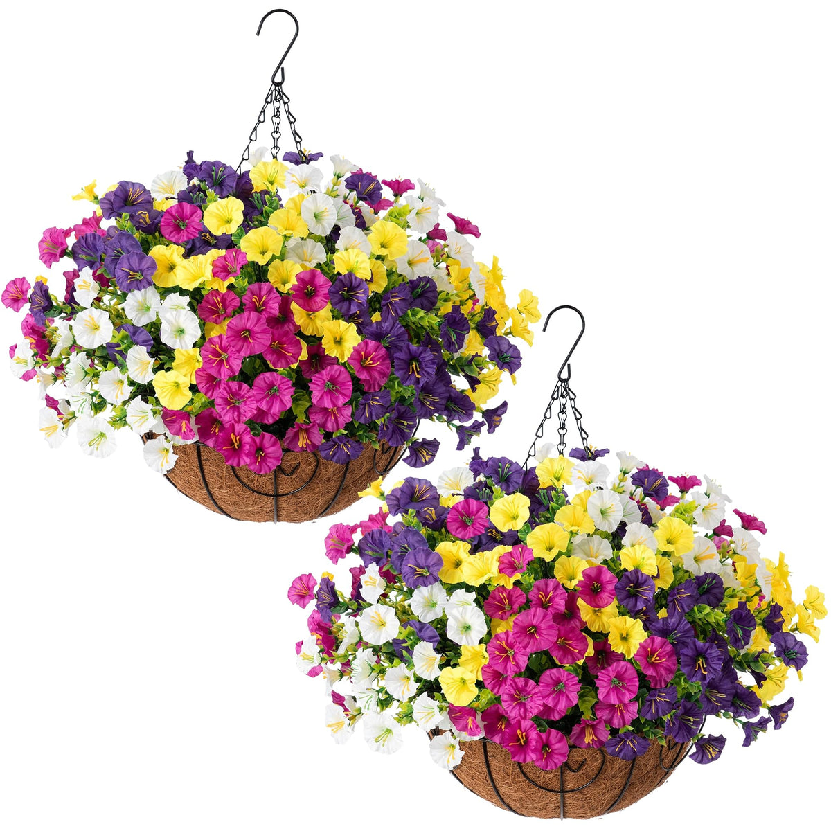 Ivydale 2-pack hanging baskets setup shows lush faux blooms for outdoor decor.