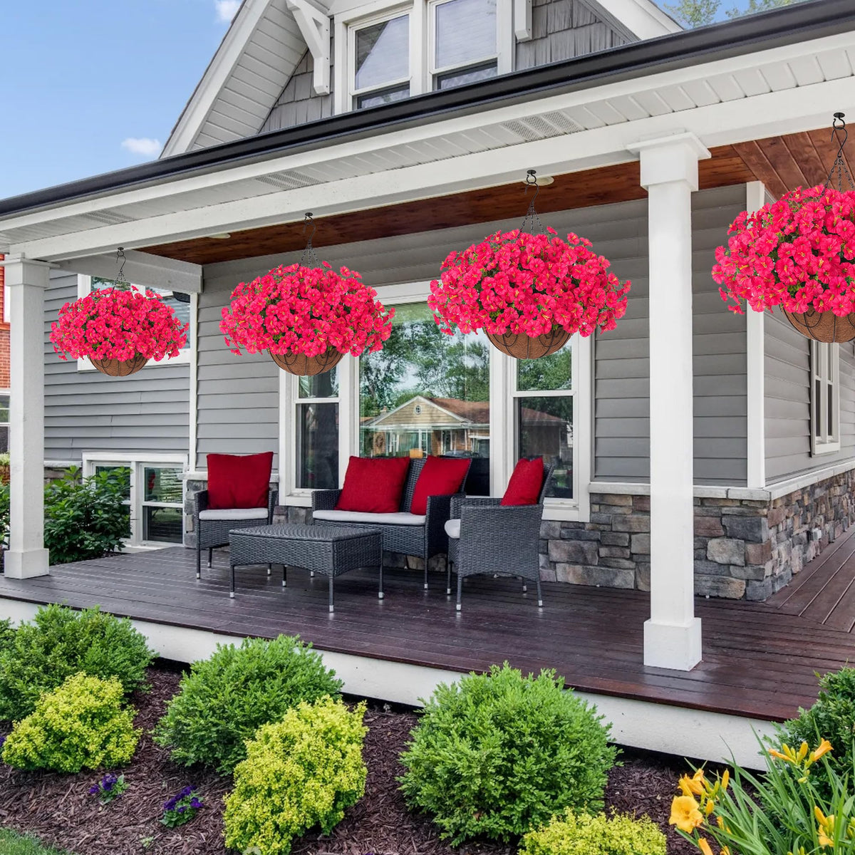 Ivydale hanging basket view with realistic leaves and pink blossoms